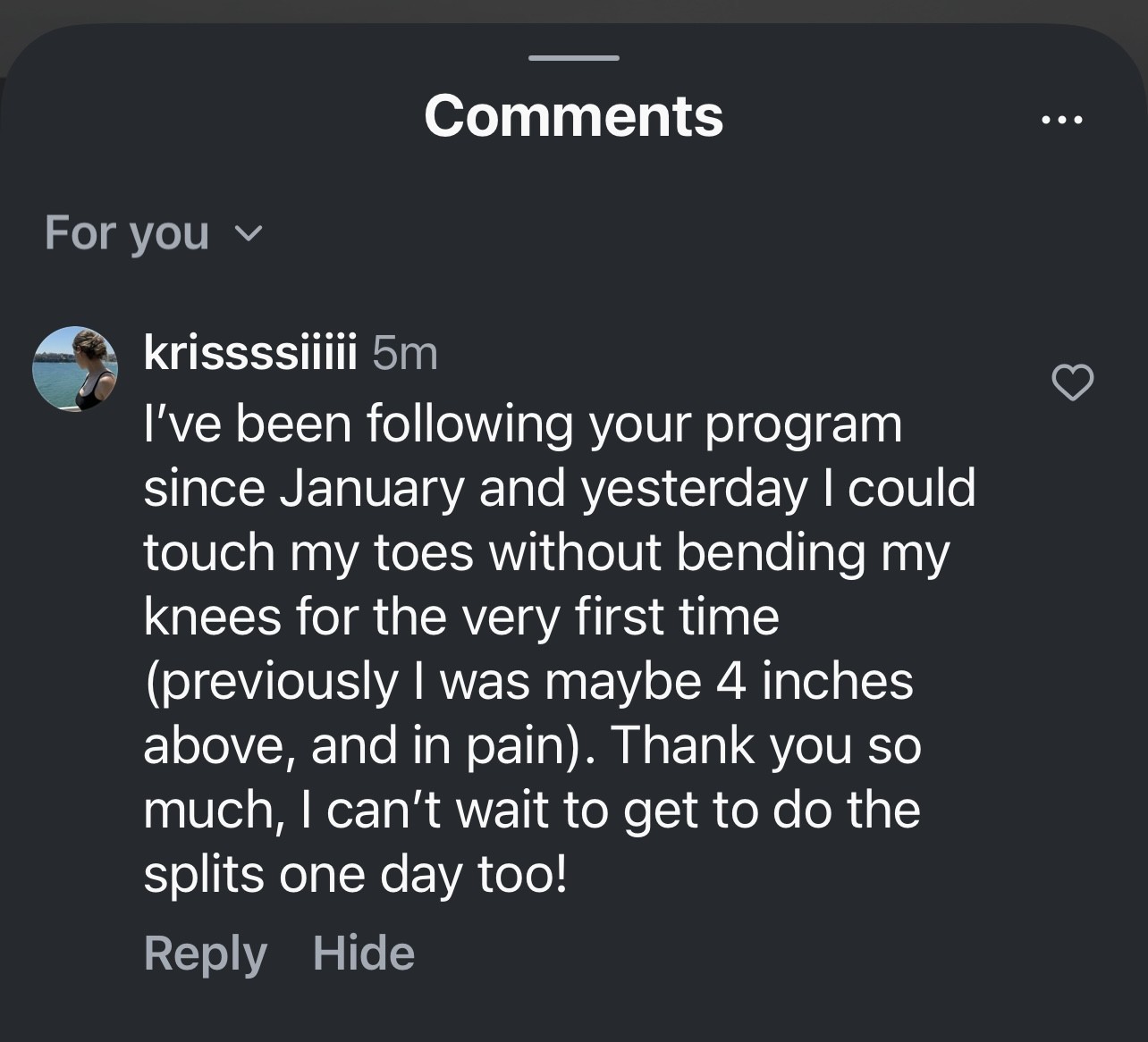Student feedback about touching toes with straight knees for the first time
